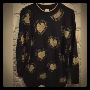 VTG 80s Black Metallic Gold Hearts Graphic Sweater